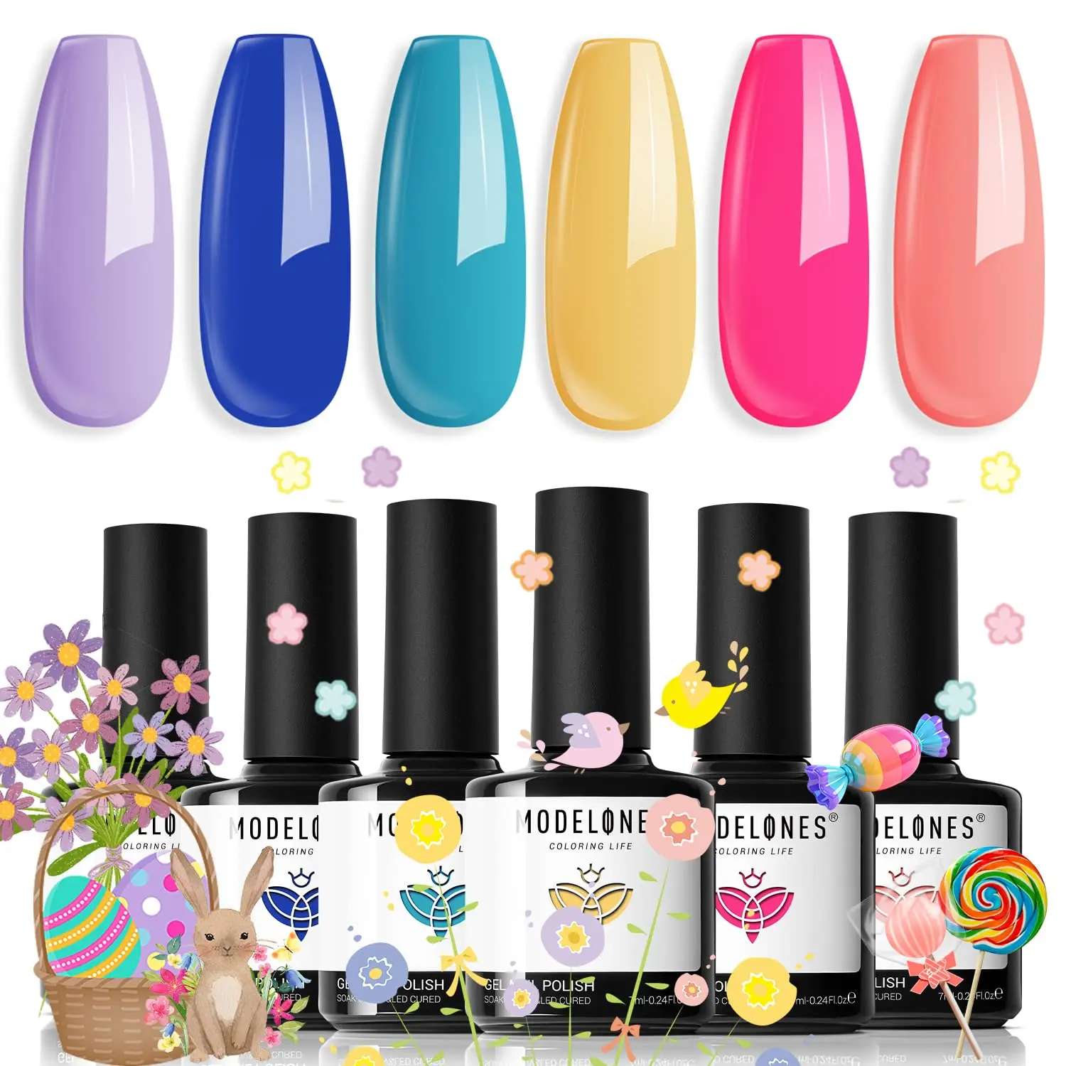 

Набор гель-лаков Modelones - 6 цветов, весна 2026, Пасха, неоновые яркие гель-лаки: ярко-розовый, королевский синий, фиолетовый, бирюзовый, персиковый