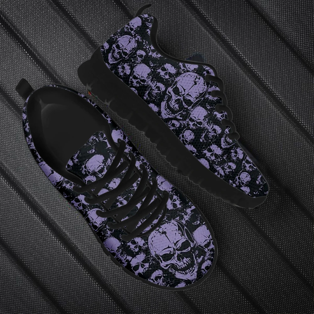 INSTANTARTS Gothic Fierce Skeleton Print Lace-up Sneakers for Women Shockproof Flat Shoes Lightweight Walking Shoes Size 35-45