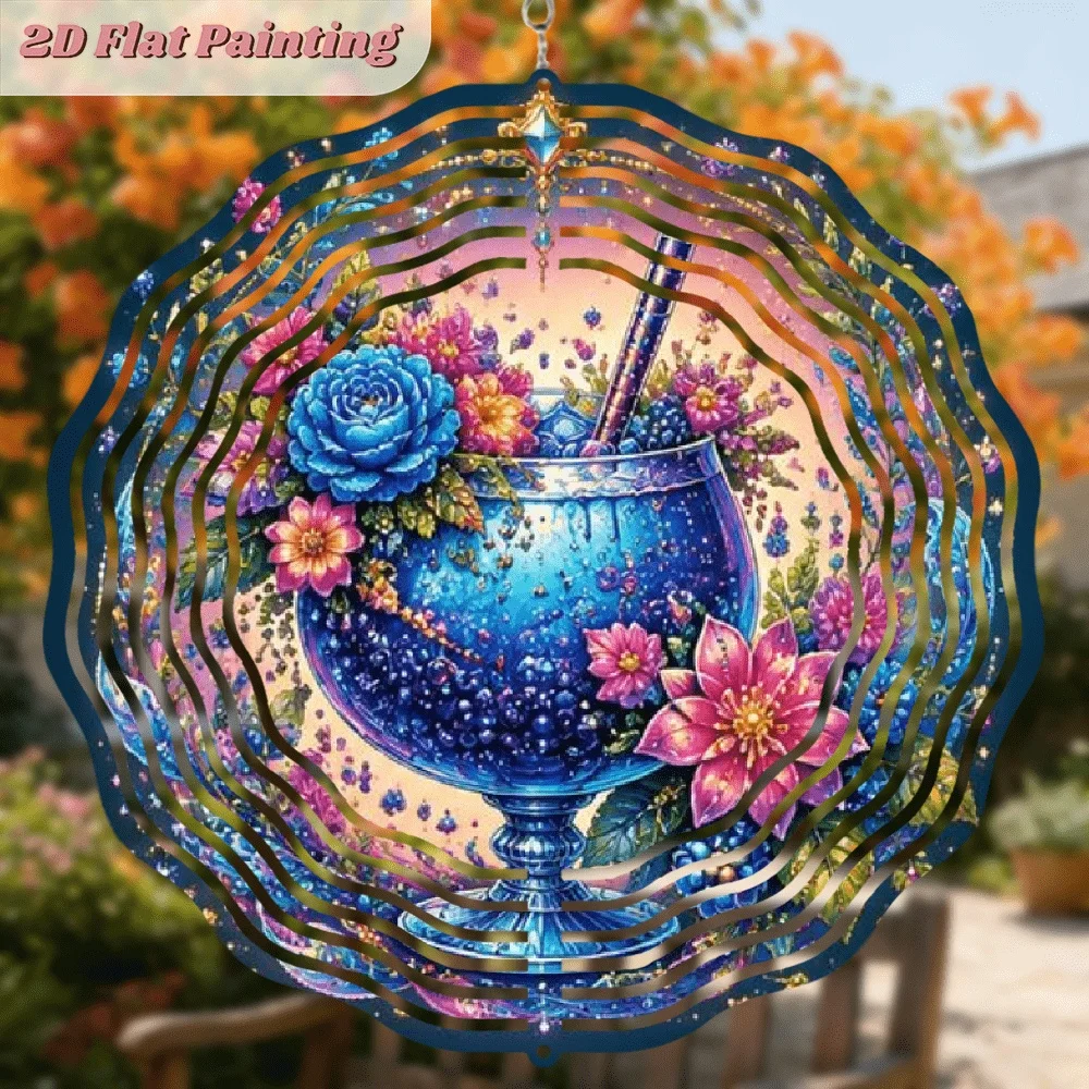 CIFBUY Blue Flower Goblet Metal Wind Spinner, Spiral Hanging Ornament for Patio Home Wall Decor