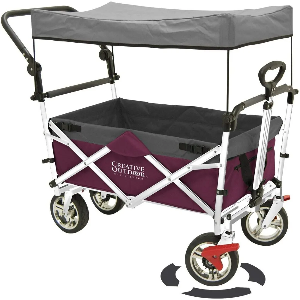 

Creative Outdoor Push Pull Stroller Wagon For Kids, 150lbs Weight Capacity, All-Terrain Collapsible Folding Cart With Canopy For