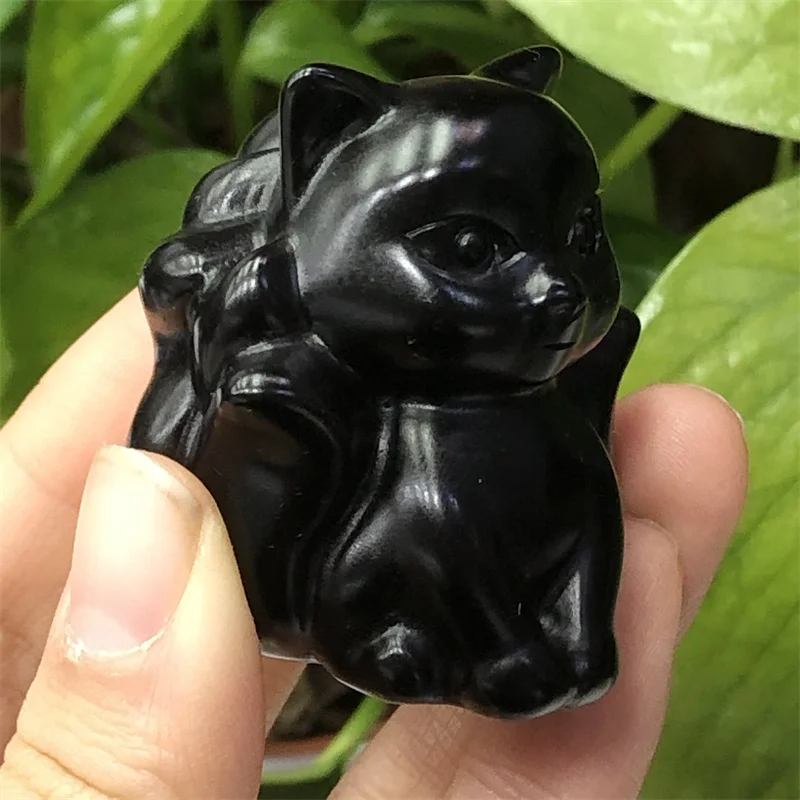 Natural Black Obsidian Fox Fairy Carving  Animals Statue Chakra Healing Fengshui For Home Decoration Gift 1pcs