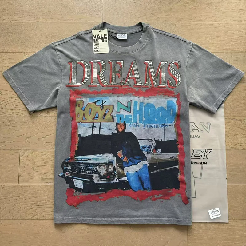 Vale Valley Retro Car Print Cotton Short Sleeve T-Shirt Men's Heavyweight Washed out High Street Rhinestone Trendy Streetwear