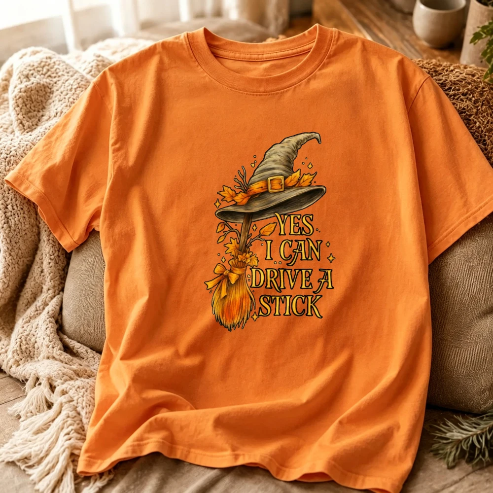 Halloween Yes I Can Drive A Stick Graphic T‑Shirt Retro Witch Hat Broom Fall Autumn Leaves Funny Sarcastic Halloween Casual Tops