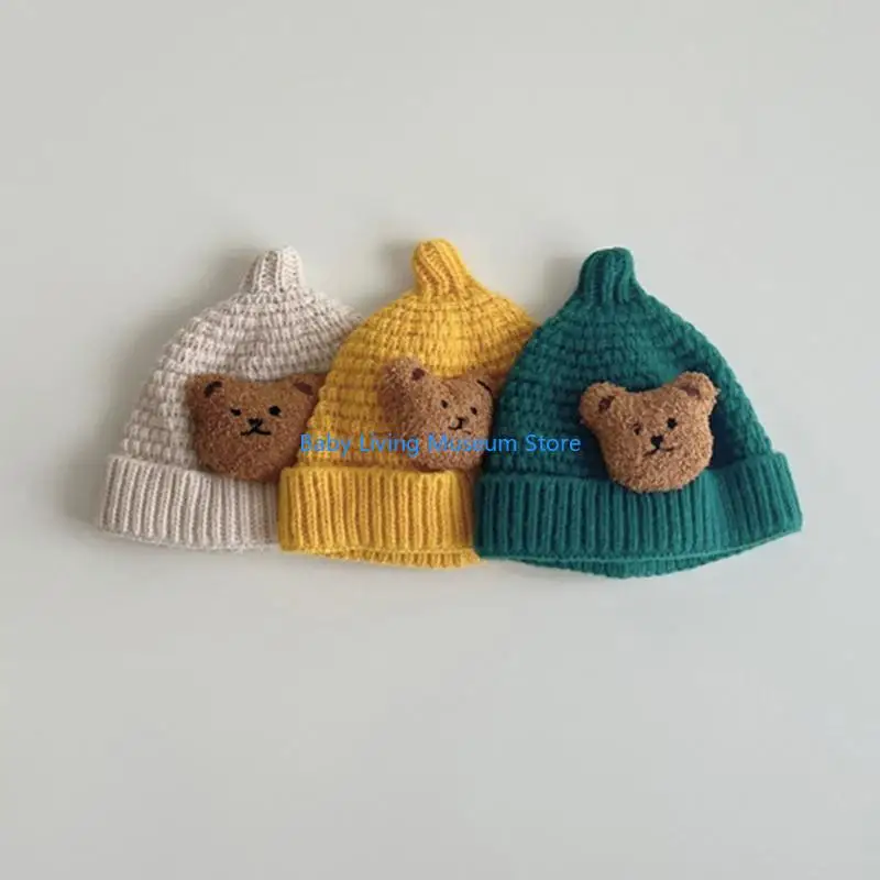 

P31C Baby Cartoon Bear Beanie Hat Cosy Knit for Toddlers Autumn Winter Warm Bonnet Stylish Headwear Accessory