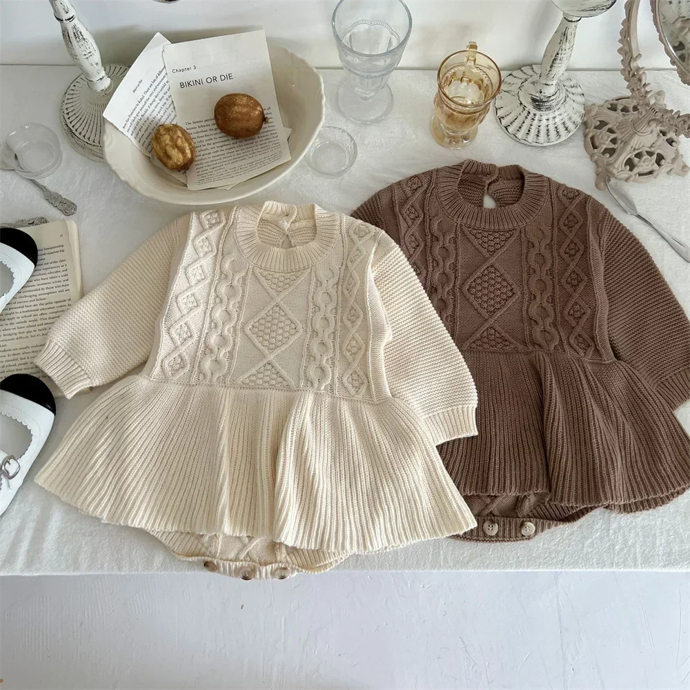 

Vintage Infant Baby Girls Knitting Dress Thick Warm Winter Kids Dress Ruffle Layers Toddlers Romper Long Sleeve Jumpsuit