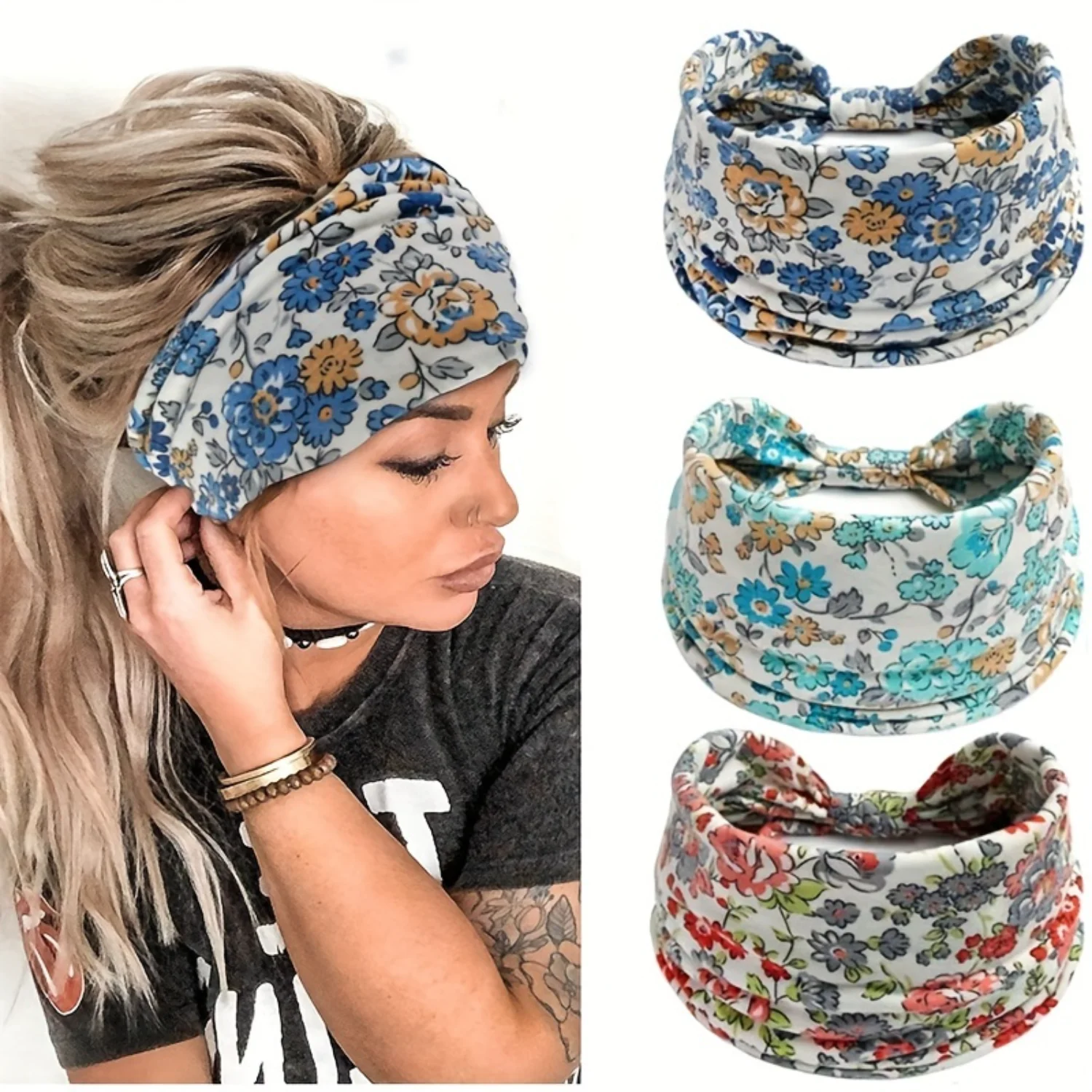 3pcs/Set  Headband Knotted Wide Brimmed Headwear Floral Sweatband Elastic Turban Head Wrap Hair Accessories For Women