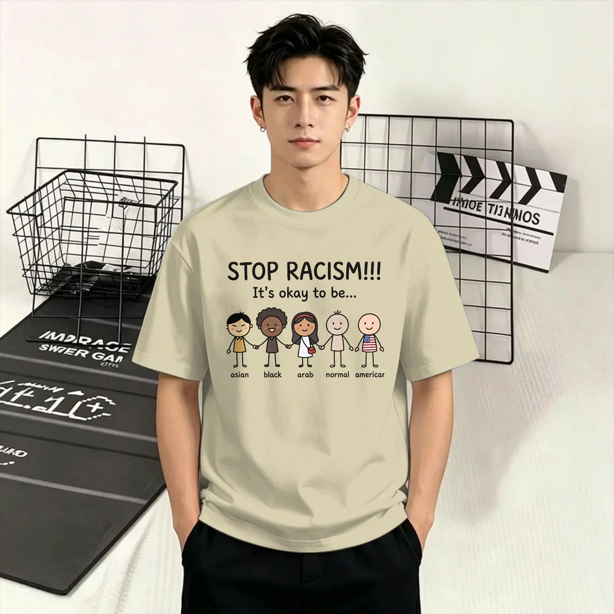 Humor Stop Racism It's Okay To Be Asian Black Arab Normal American T-Shirts Men Round Neck Pure Cotton T Shirt  Tees New Arrival