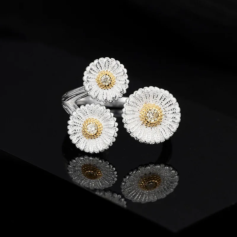 The Ring Is Niche and High-end, S925 Pure Silver Retro Light Luxury Daisy Opening Ring, Wedding Jewelry