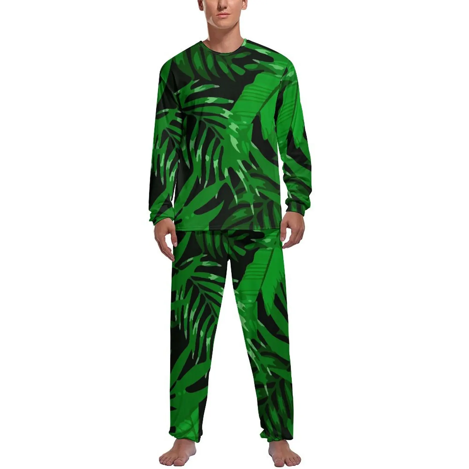 Tropical Plant Pajamas Long Sleeve Leaves Print 2 Pieces Night Pajama Sets Spring Male Custom Romantic Sleepwear