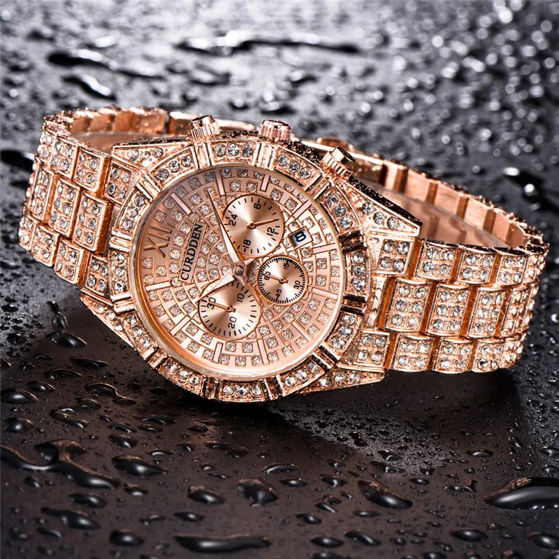 Men Famous Brand Watches Students Hip Hop Diamond Fashion Alloy Band Simple Date Golden Quartz Watch Montres de Marque de Luxe