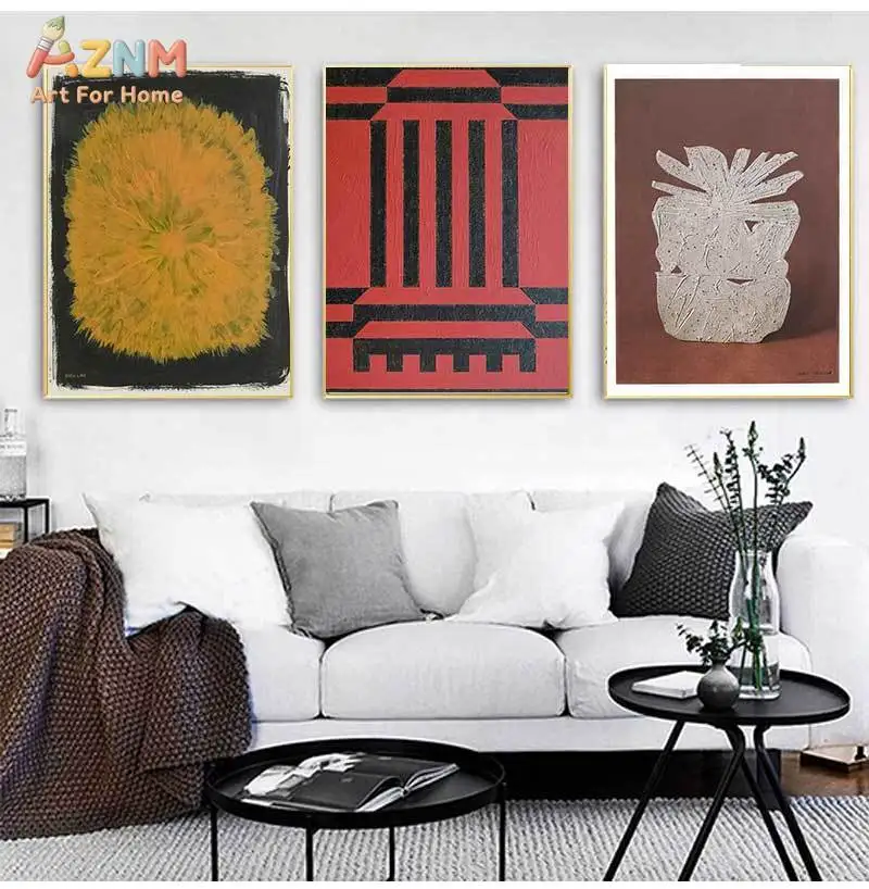 AZNM Mid Century Geometric Abstract Texture Art Frameless Canvas Poster Retro Earth Tone Modern Living Room Wall Art Decor