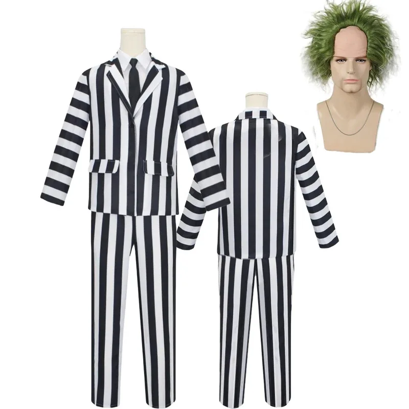 

in stock Anime Cosplay Beetle Juicee Men Black and White Striped Suit Scary Halloween Costumes Wig Tie Shirt for Cosplay Party
