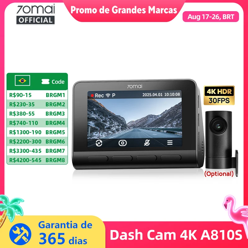 Câmera Veicular 70mai Dash Cam 4K A810S HDR IMX678 Supercapacitor 4G LTE Controle Remoto Wi-Fi 6 Controle por Voz GPS ADAS