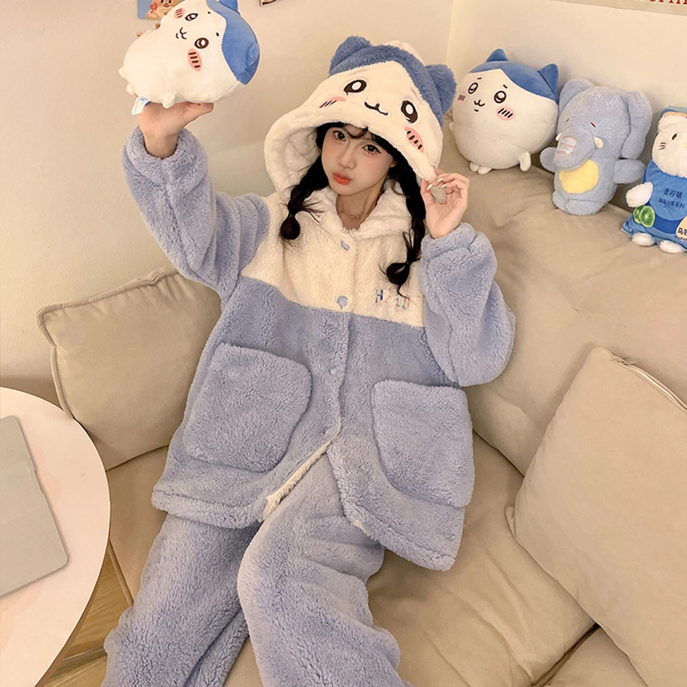 かわいいちいかわハチワレ2点セット レディースぬいぐるみパジャマスーツ アニメ 冬用 可愛い ホームウェア 漫画風 厚手 ルームウェア ソフト ガールズ