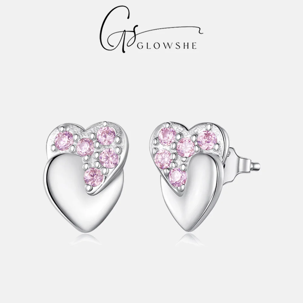 

Серьги-гвоздики Glowshe из 100% стерлингового серебра 925 пробы с двойным сердечком и розовым цирконием, изящные гипоаллергенные ювелирные изделия для женщин, для повседневного ношения