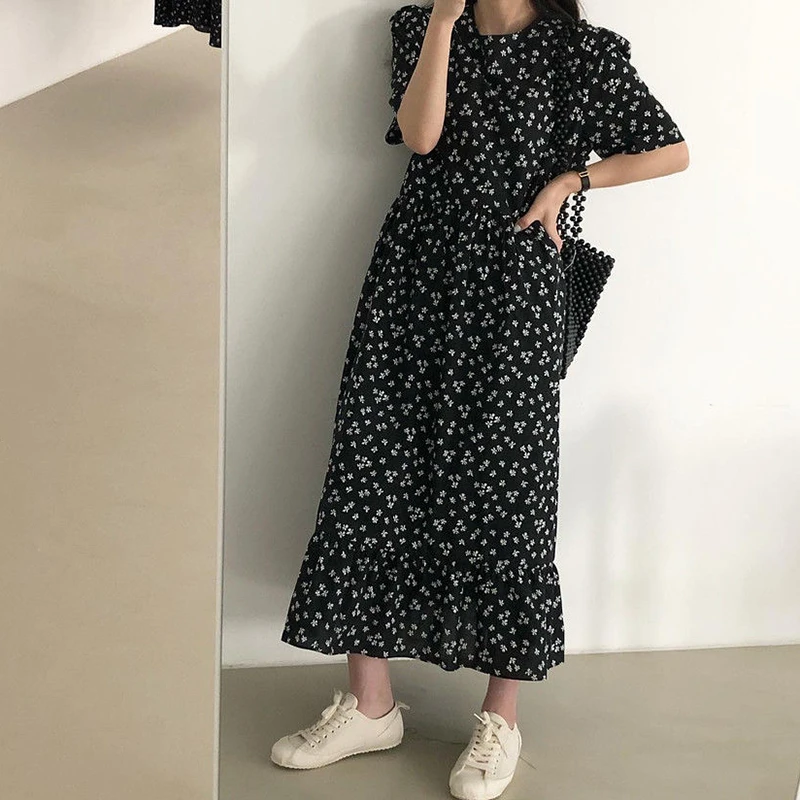 Fashion O-Neck Printed Pockets Ruffles Bandage Floral Dress Women's Clothing 2024 Summer New Loose All-match Casual Dresses
