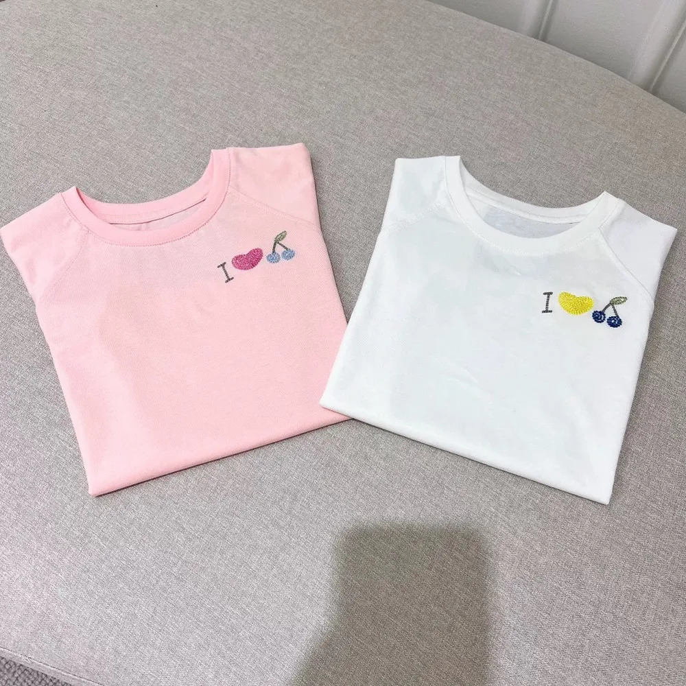 summer t-shirt baby girl clothes Embroidery small cherry pattern tops Girls' pure-color short-sleeved T-shirt