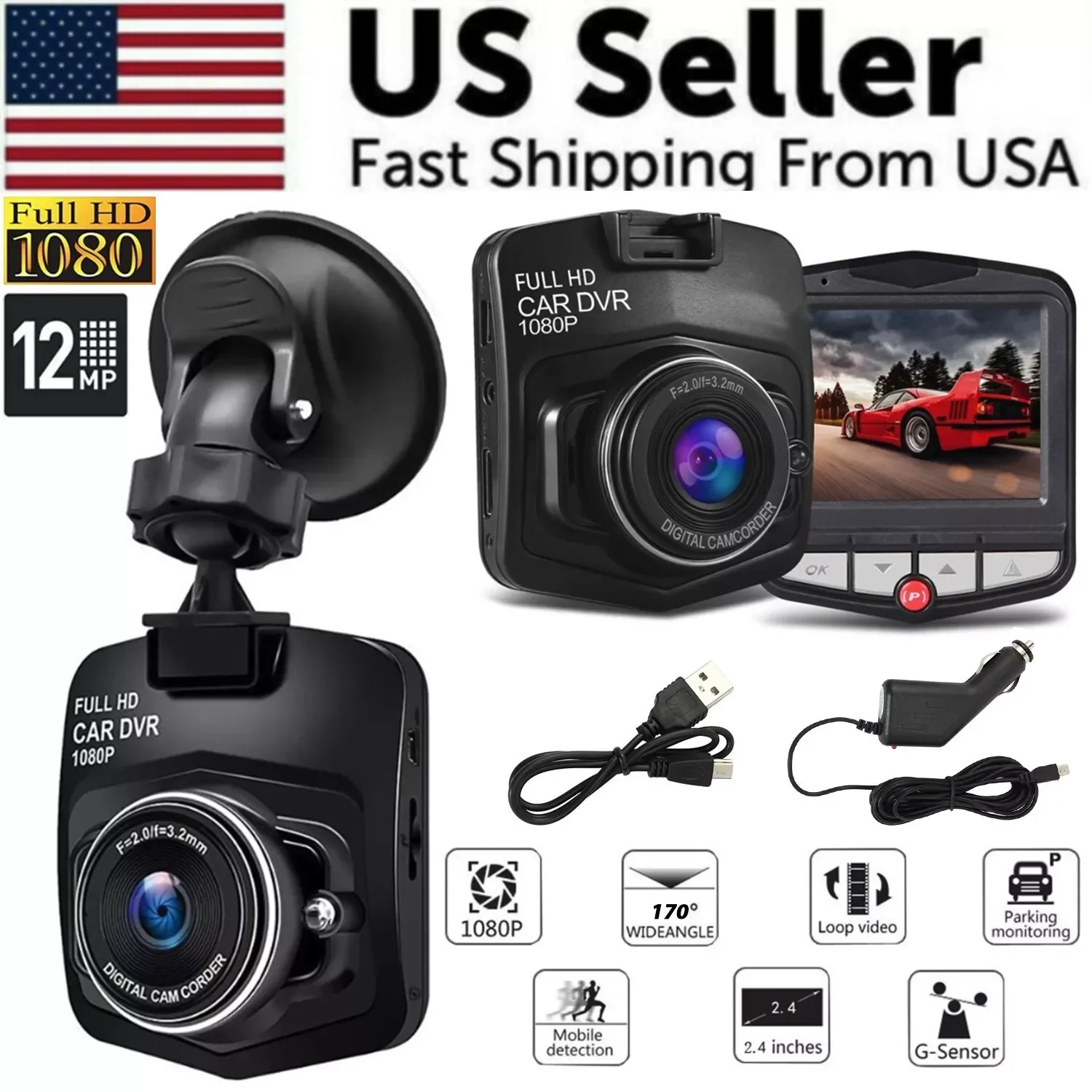 

Universal Car Dash Cam 1080P Car DVR Driving Recorder 2.4" LCD Screen Loop Recording 24H Parking Monitoring Motion Detection