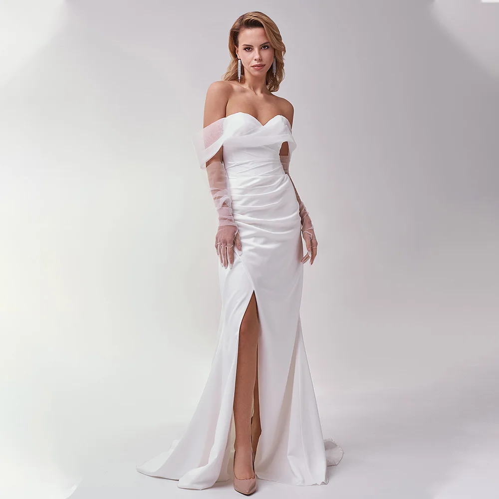 Sexy Mermaid Trouwjurk Uit De Schouder Korte Organza Mouwen Sweetheart Side Split Satin Bruidsjurk Vestidos De Novia Civiele