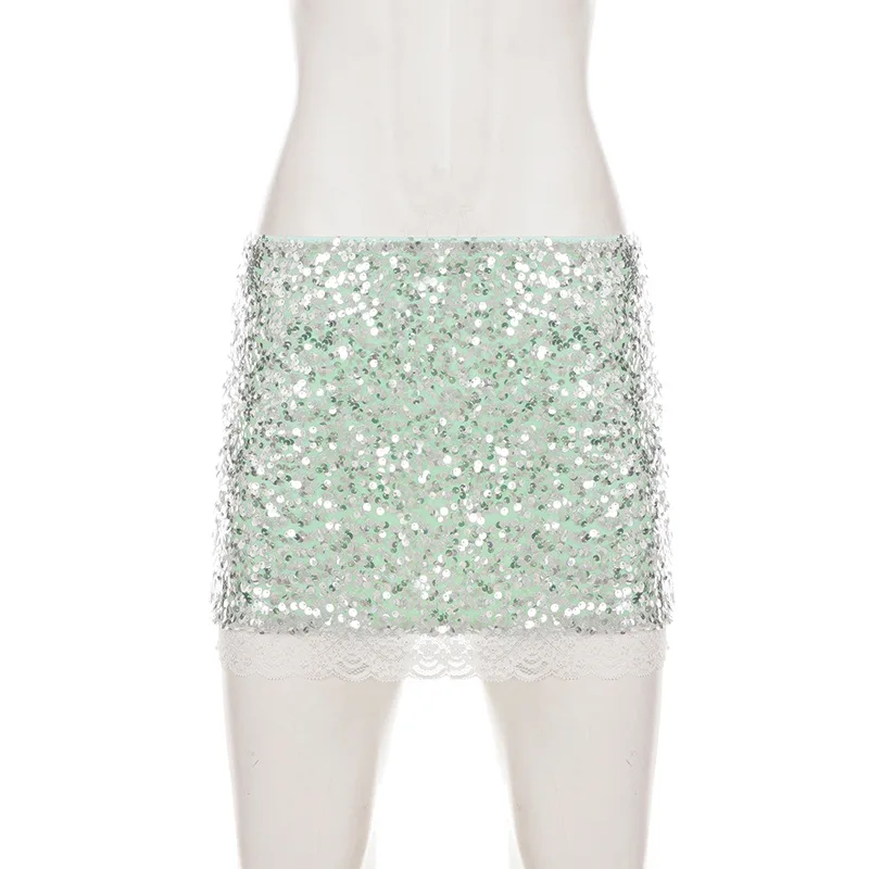 European and American Spice Girls Street Fashion Sequin Splicing Lace Sexy Low Waist Skinny Buttocks Skirt Women