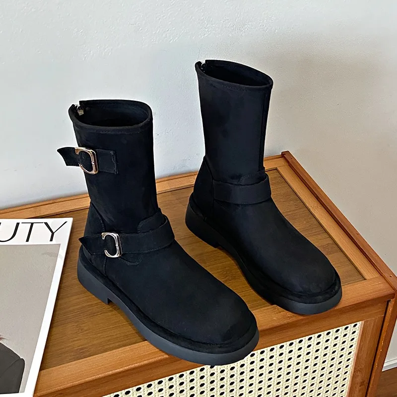 Winter Slip-On Women's Boots Fashionable Platform Buckle Modern Boots Women's Round Toe Plush Comfortable Warm Couture Boots