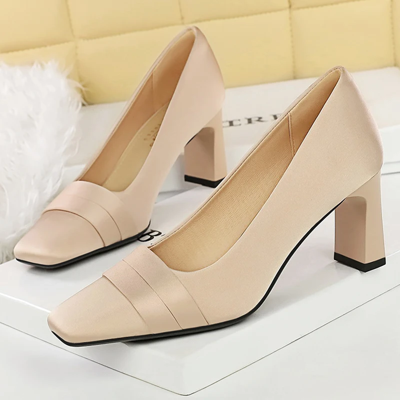 أحذية BIGTREE برأس مربع للنساء أحذية حريرية بكعب عالي فستان مأدبة مع أحذية وصيفة العروس بكعب مكتنز أحذية للسيدات جديد #2