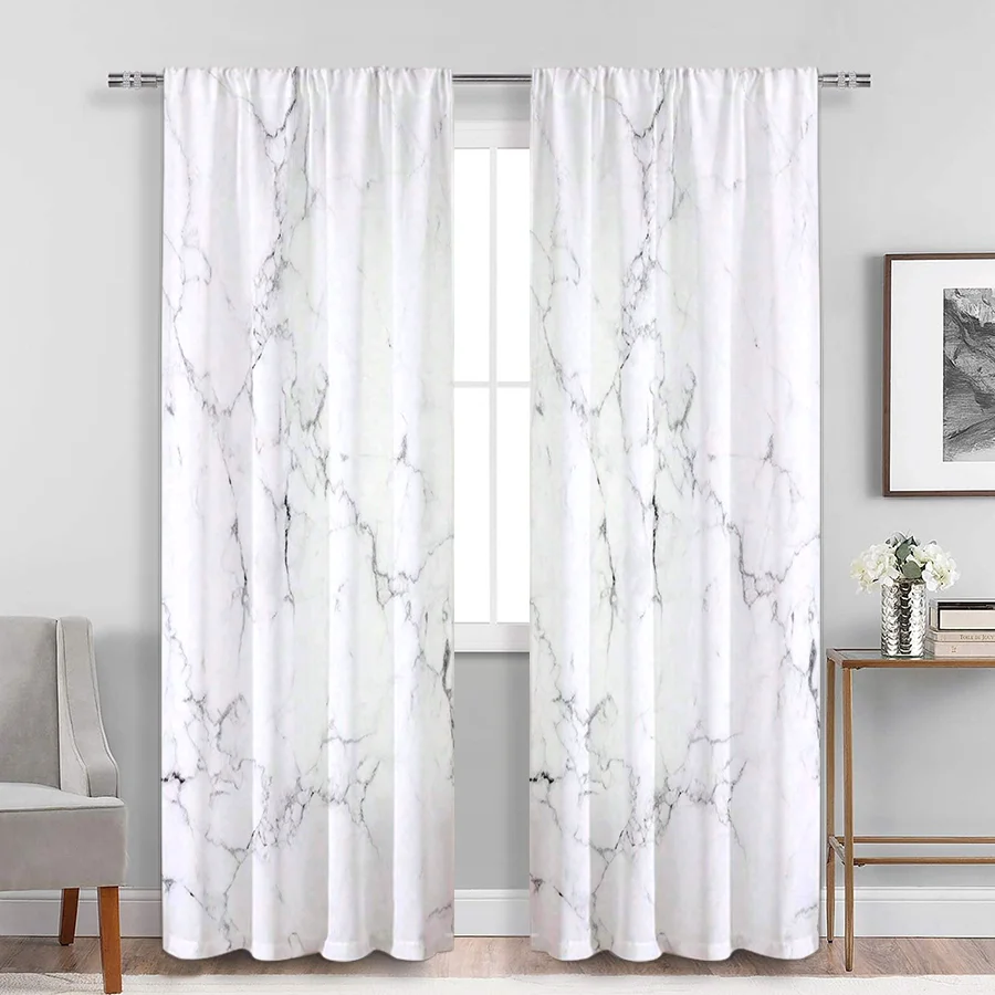 2PCS White Marble Print Curtains, Grey Vein Texture Modern Minimalist Window Drapes for Bedroom Living Room Decor