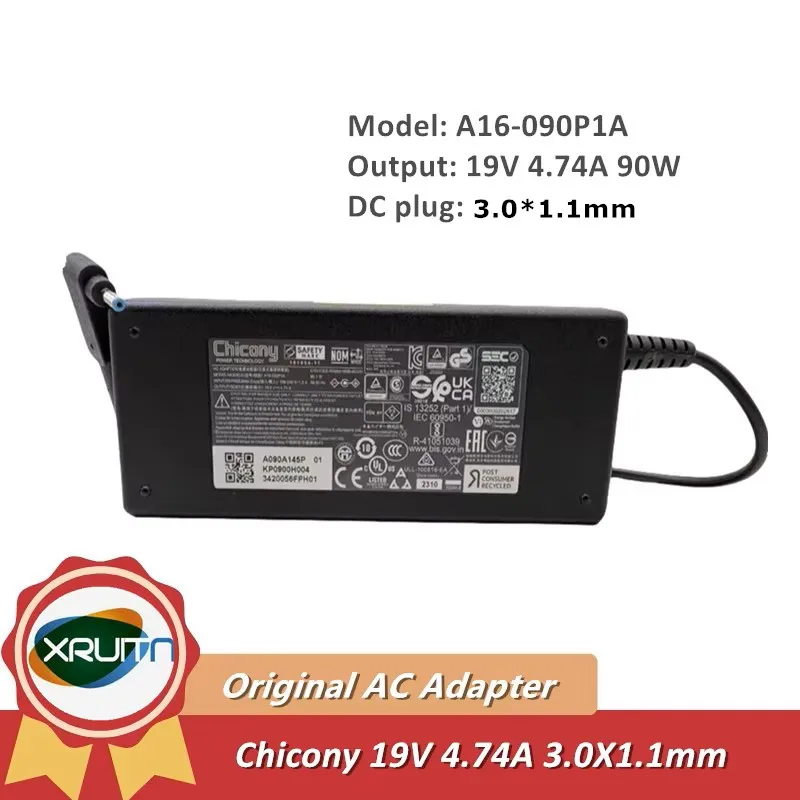 

Оригинальное зарядное устройство переменного тока Chicony A16-090P1A A090A145P 19 В 4,74 А 90 Вт 3,0x1,0 мм для блока питания ноутбука ACER