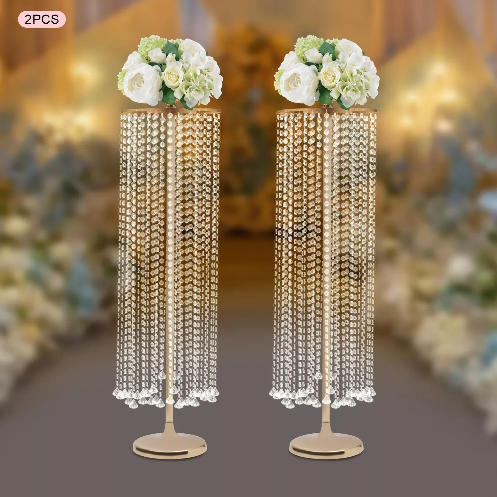

2 pcs 120cm Height Large Gold Crystal Vases Centerpieces Flower Stand Wedding Decor Daily Occasion Decoration