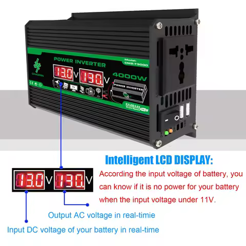 12V To 220V/110V Car Inverter 4000W Vehicle Smart Inverter LCD Display Digital Power Inverter LED Voltage Display for RV Caravan