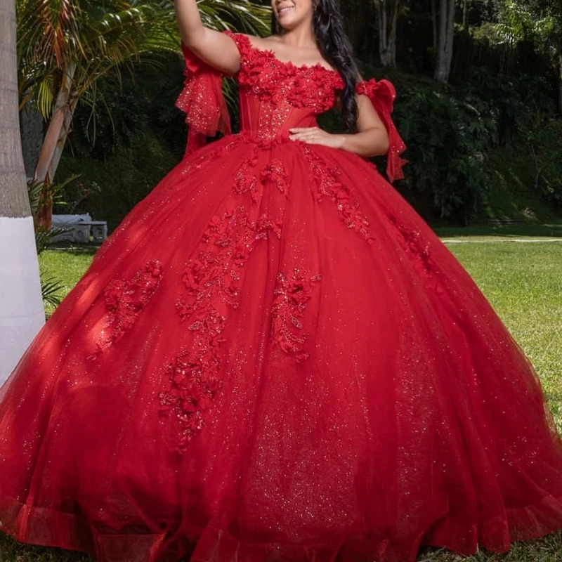 

Red Shiny Quinceanera Dresses Off The Shoulder Applique Flower Beading Tull Ball Gown Vestidos De 15 Anos Sweet 16 Dress