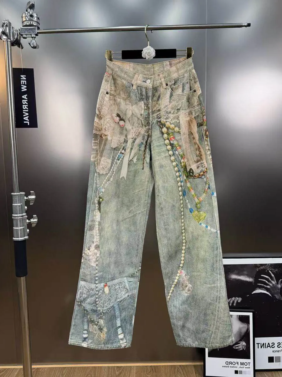 

Retro American Spicy Girl Heavy Industry 3D Digital Print Denim Pants High Waist Jeans Street Sle Trendy Women's Faion
