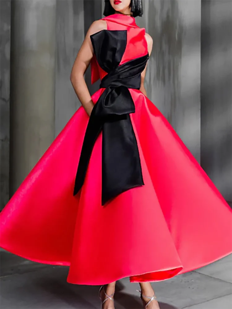 클래식 스테인 오-넥 민소매 보우 새시 A 라인 정장 이브닝 드레스 생일 파티 댄스 파티 드레스 맞춤형