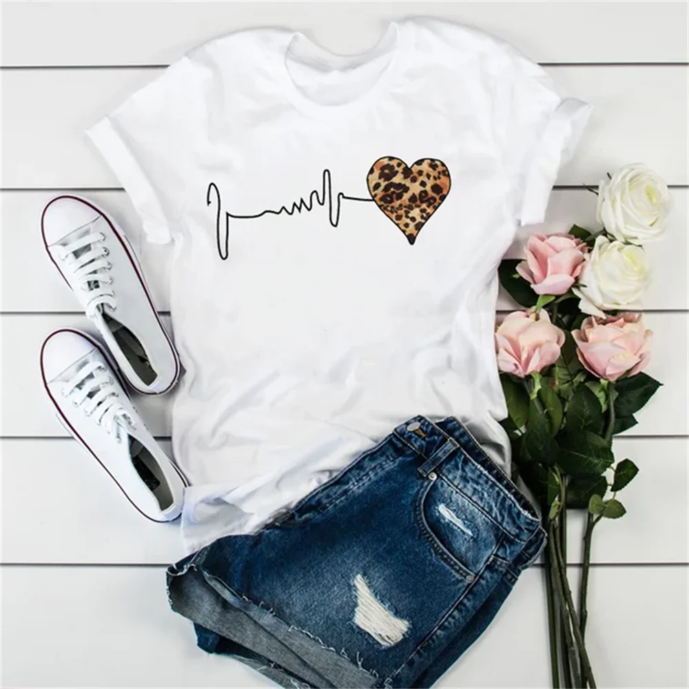 Summer New 90 's Leopard Heartbeat Short Sleeve Print Clothing Women's T-Shirt Harajuku Graphic Clothing Women's Top Drop Ship