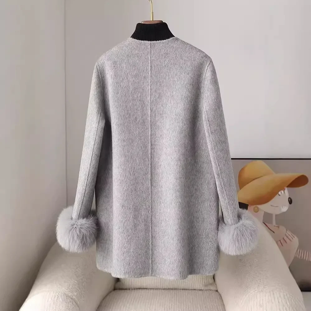 2024 Autumn and Winter new double-sided wool overcoat high-grade detachable fox fur double-sided woolen coat for women