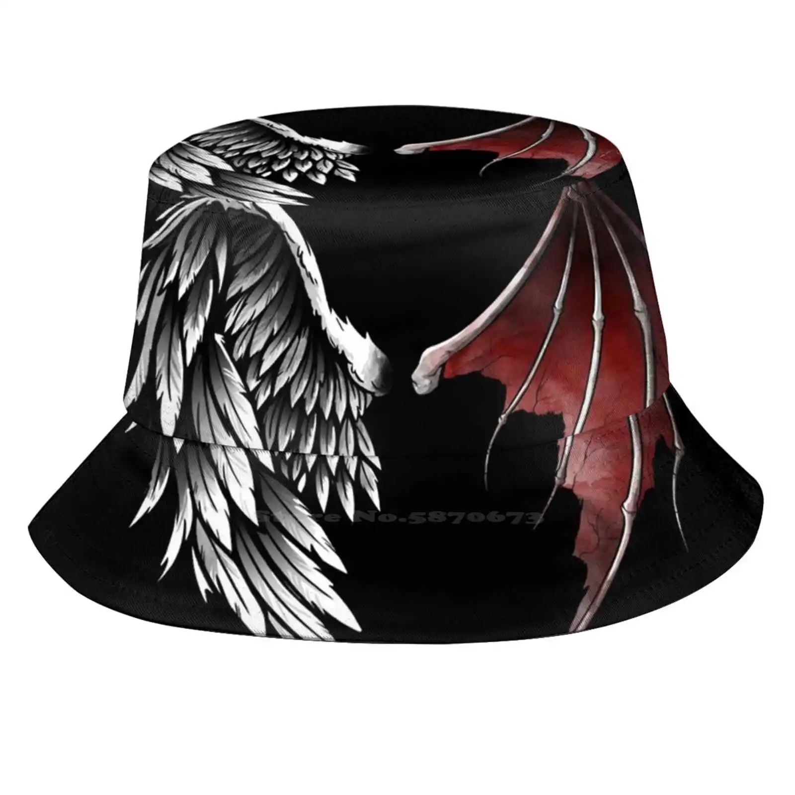 Lucifer Foldable Panama Bucket Hat Cap Good Bad Wings Devil Demons Flying Birds Angels Back Bat Halloween Tattoo Ink Bones