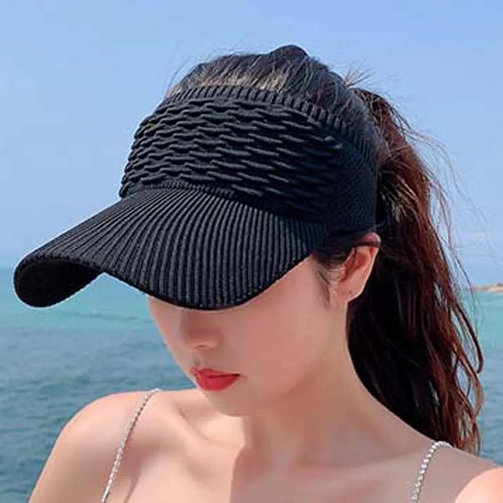 Portable Fish Scale Knitted Visor Cap Breathable Solid Color Long Brim Sun Cap Versatile Polyester Sunscreen Empty Top Hat