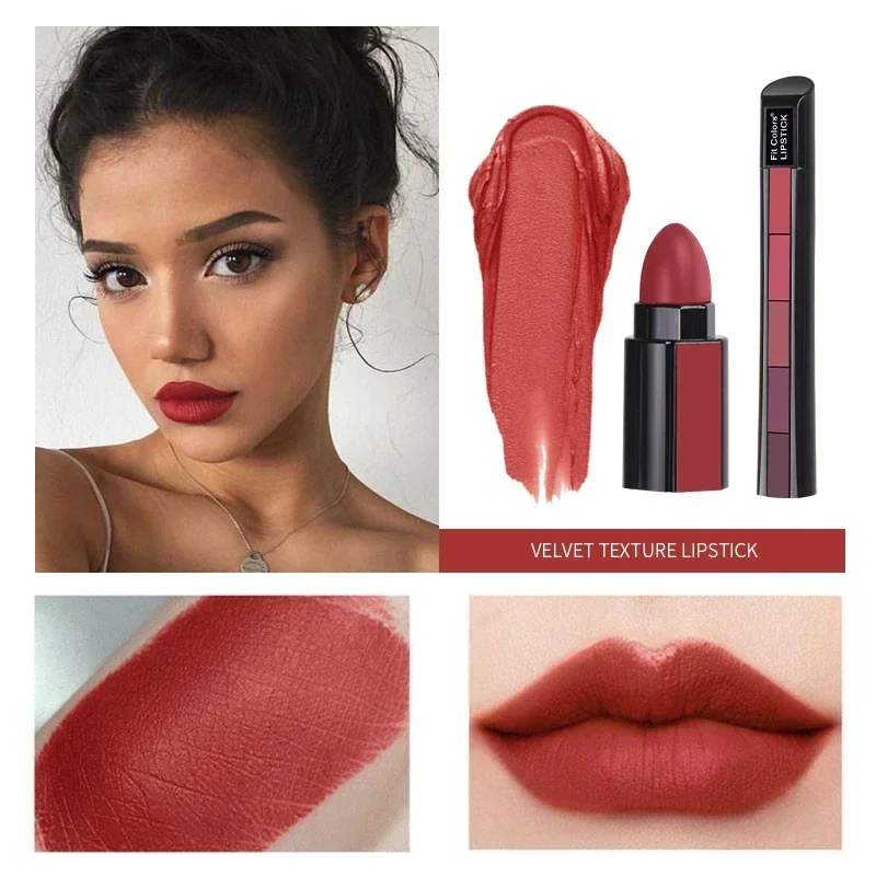 Set di rossetti 5 in 1 Velluto opaco leggero Rossetto combinato a lunga durata Nutriente idratante Trucco professionale per labbra