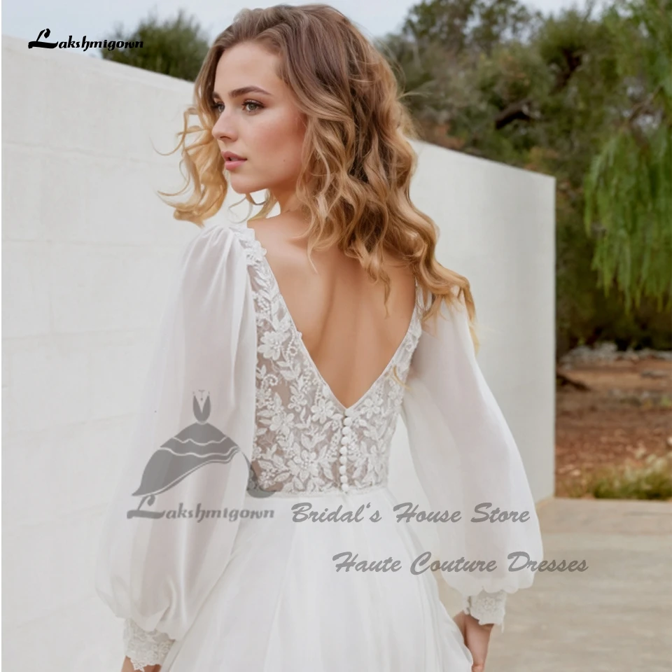 Lakshmigown Voluminöse Langarm-Strandhochzeitskleider 2026 V-Ausschnitt Sexy Chiffon Boho Brautkleider Maßanfertigung – Detail 4