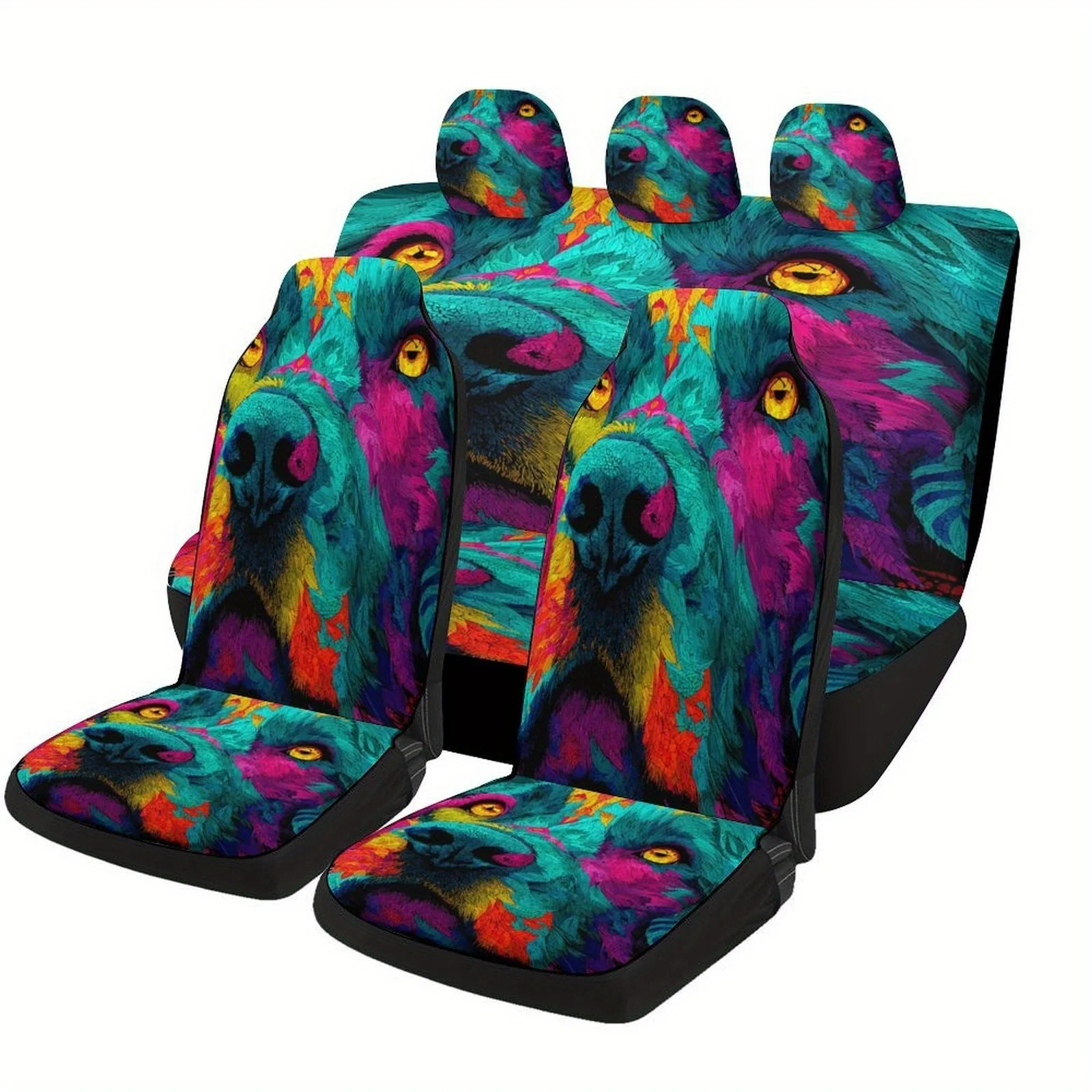Colorful Wolf Portrait Designed Universal Car Seat Cover Set For Most Cars, Trendy Advanced High-quality Car Seat Protector Cove