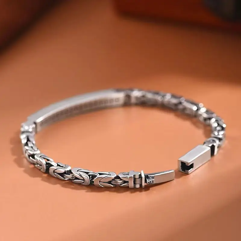New S925 Sterling Silver men's Peace Grain Bracelet Male Fashion Niche Design Sense Retro Woven Lettering Trend Bracelet