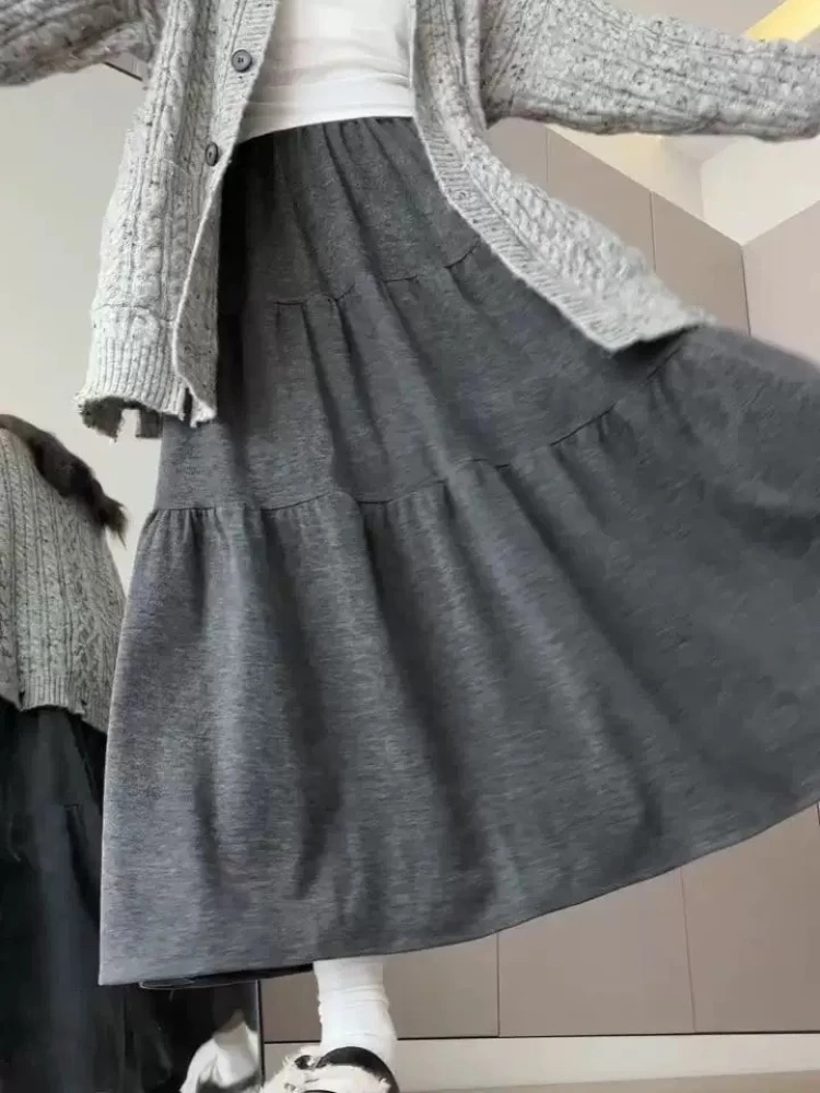 

Deeptown Elegant Grey Long Skirt Women Korean Style Sweet Casual Ruffle Skirts Vintage Autumn Winter Solid A-line Midi Skirts