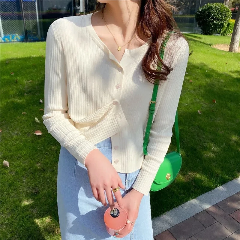 Knitted Cardigan Women Solid Color Simple V-neck New Summer Slim Single-breasted Solid Elegant Knitting Sun-proof Standard Femal