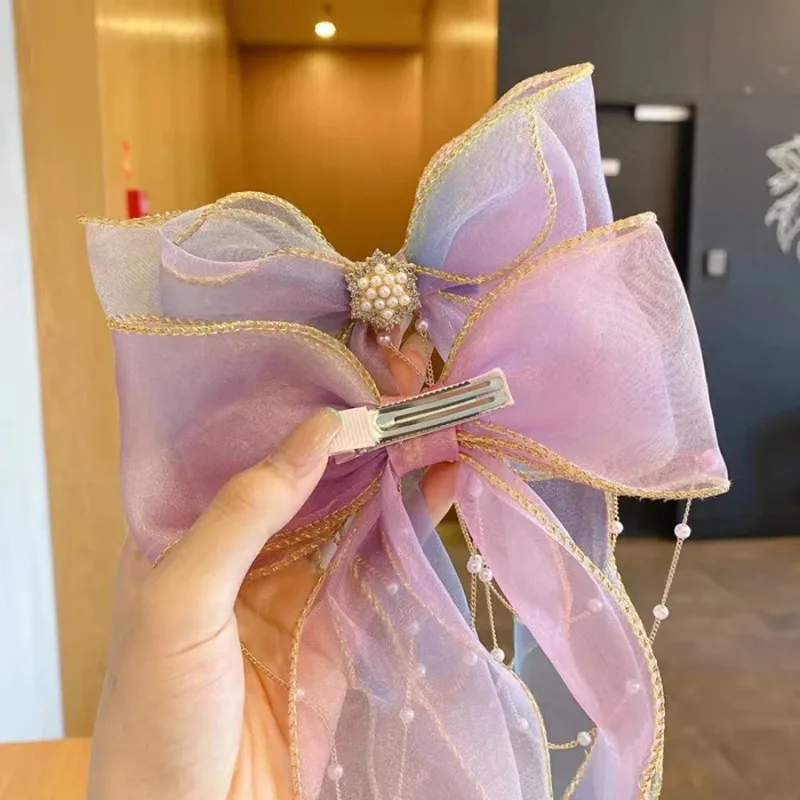 

Baby Girls Cute Elegant Mesh Bow Ribbon Clips With Faux Pearl Tassel Decoration Hair Accessories For Party Performance