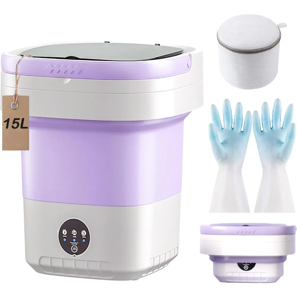 Portable Washing Machine 15L with 3 Cleaning Modes, Removable Spin-Dry Basket, Foldable Design, Includes Laundry Bag & Gloves