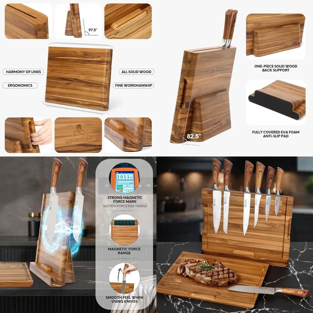 

Двойная разделочная доска из тикового дерева с магнитным хранилищем ножей 16x11, 11x16 дюймов, кухонный органайзер шеф-повара с канавками для сока