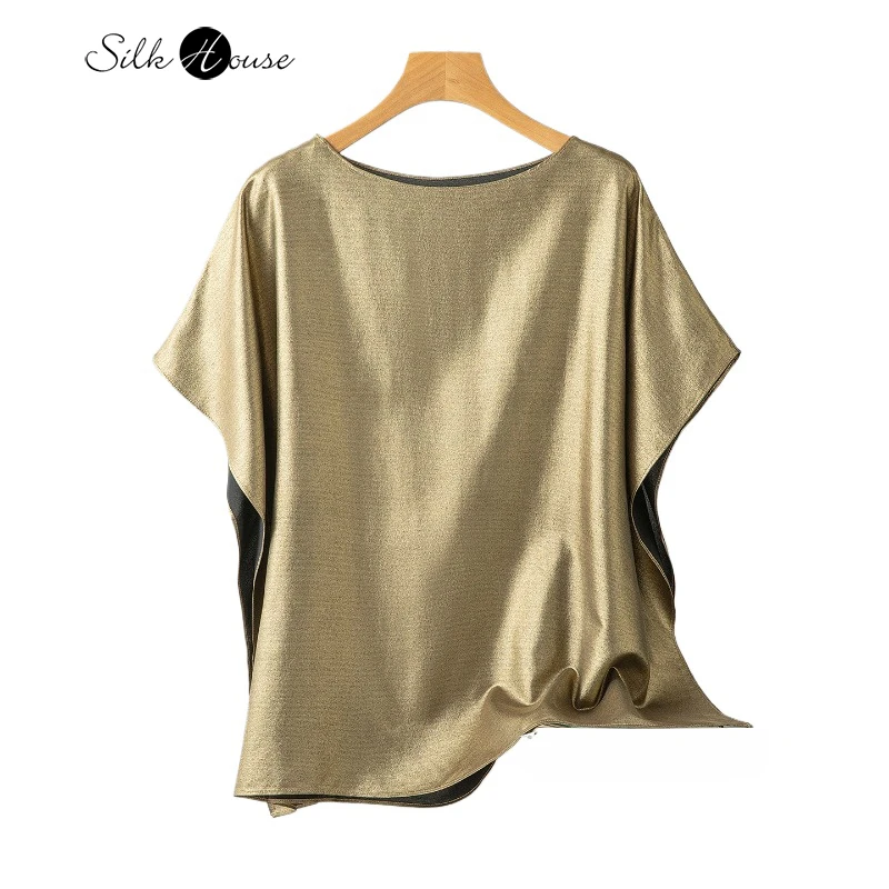 

Minimalist Design 100% Natural Mulberry Silk Crepe De Chine Batwing Short Sleeved Loose Round Neck Women's Casual Gold T-shirt