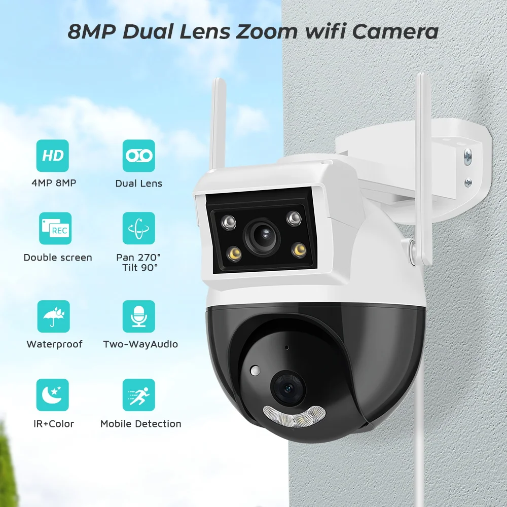 8MP Wifi Camera Dual Screen Dual Lens PTZ Security CCTV Video Surveillance Camera Police Light Alarm V380