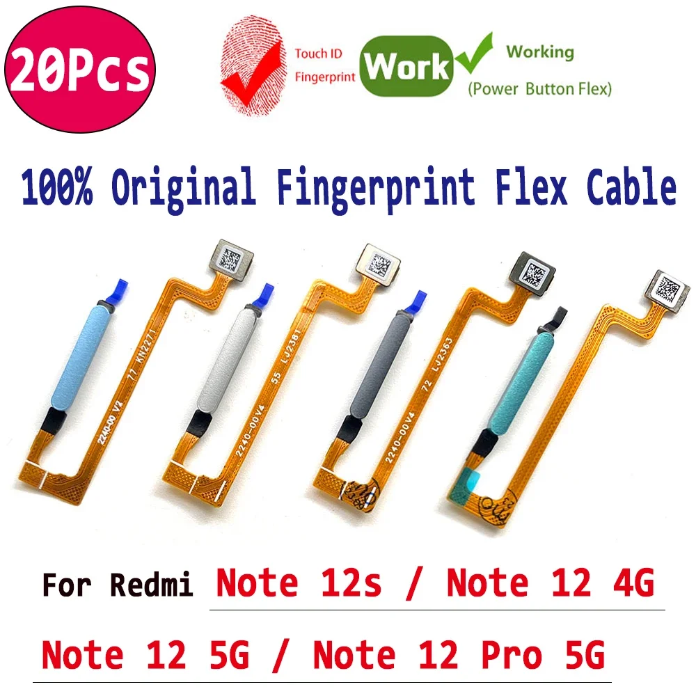 

20Pcs，100% Original Fingerprint Sensor Home Return Key Menu Button Flex Ribbon Cable For Xiaomi Redmi Note 12S / 12 4G Pro 5G