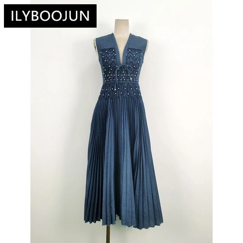 ILYBOOJUN Women\'s Fashion Dress V-neck Sleeveless Pleated Pearl Denim High Waist Female Elegant Dresses Summer 2024 New